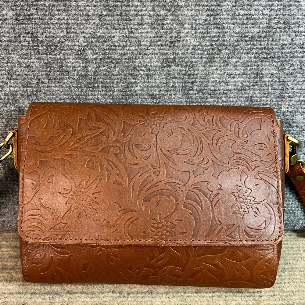 Portland Leather Goods Floral Embossed Leather Crossbody Bag Cognac Brown Small